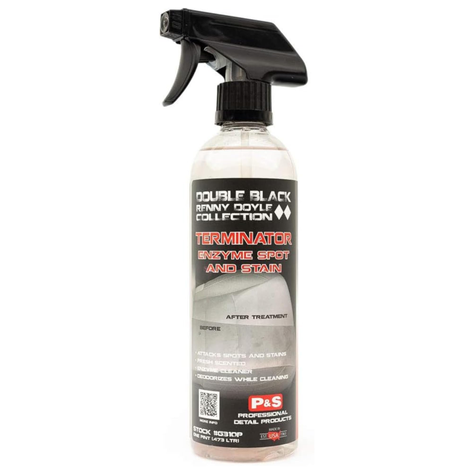 P&S Terminator enzyme bottle pour demonstrates fast grease and stain breakdown on upholstery