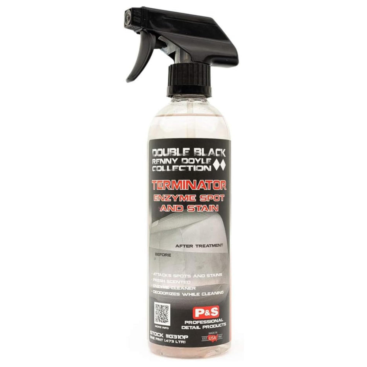 P&S Terminator enzyme bottle pour demonstrates fast grease and stain breakdown on upholstery