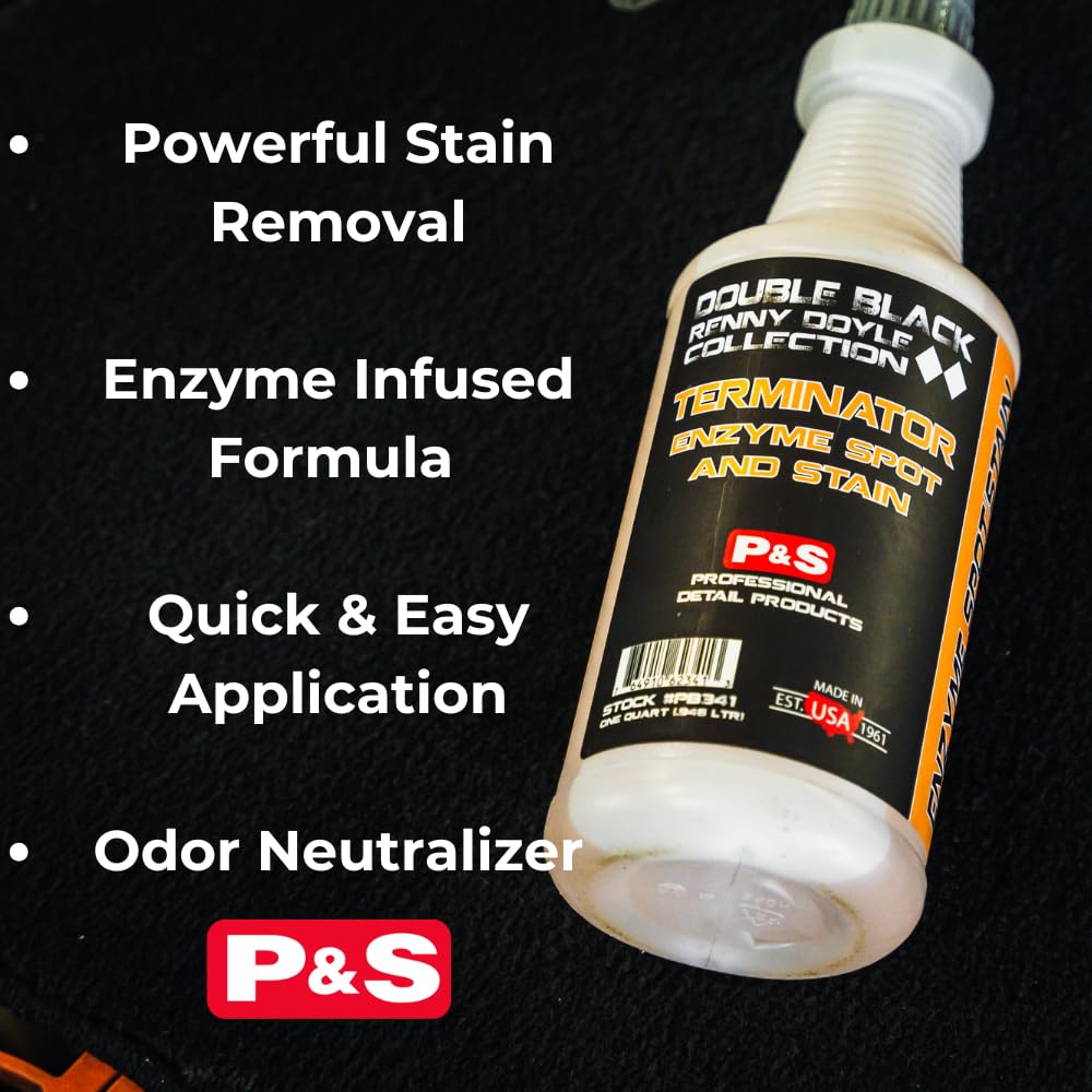 P&S Terminator enzyme spray-pump shows how to apply for spot treatment on carpets