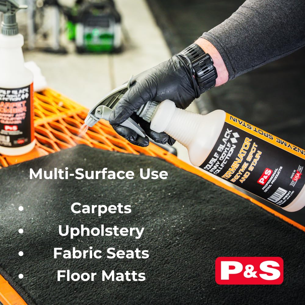 P&S Terminator enzyme upholstery-cleaner demonstrates deep clean for sofas and chairs