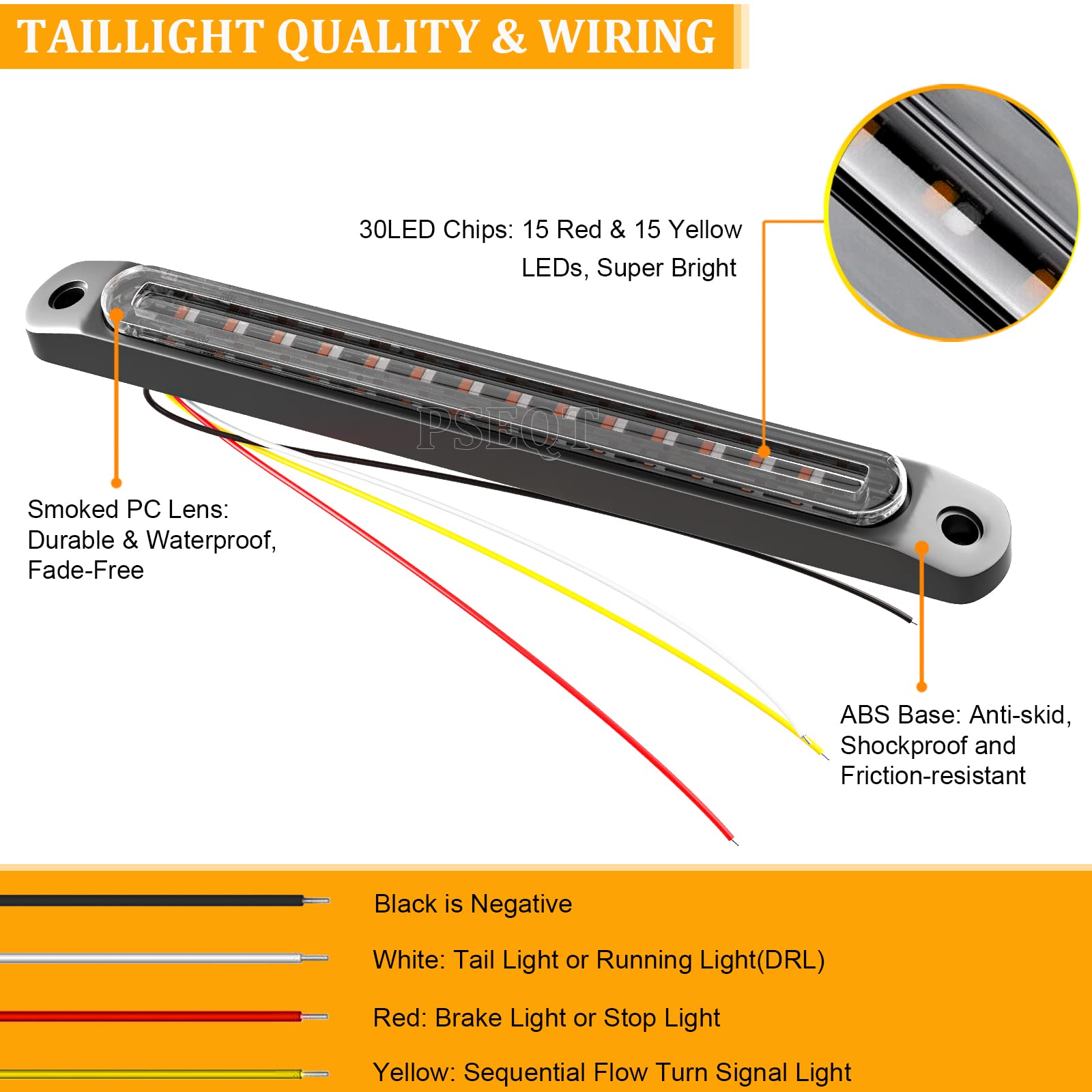 PSEQT sequential turn signal emphasizes smooth, eye-catching indicator for safe maneuvers.