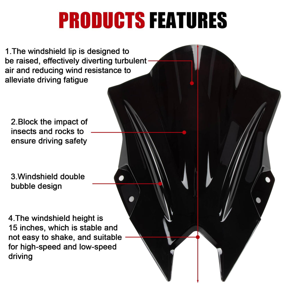 PSLER Ninja500 SE windshield in black color complements bike styling and ride comfort.