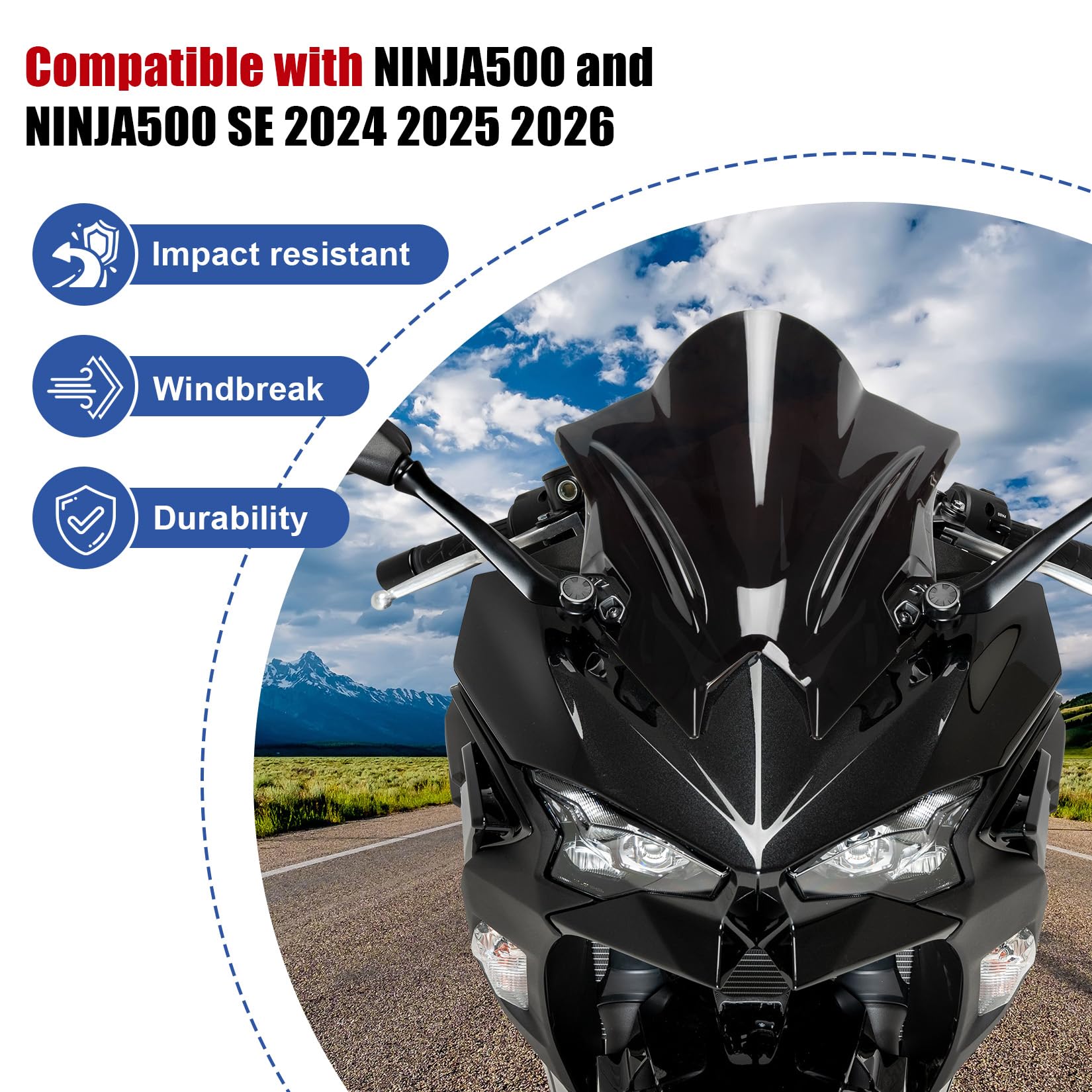 PSLER Ninja500 SE windshield double bubble side profile for stable riding at speed.