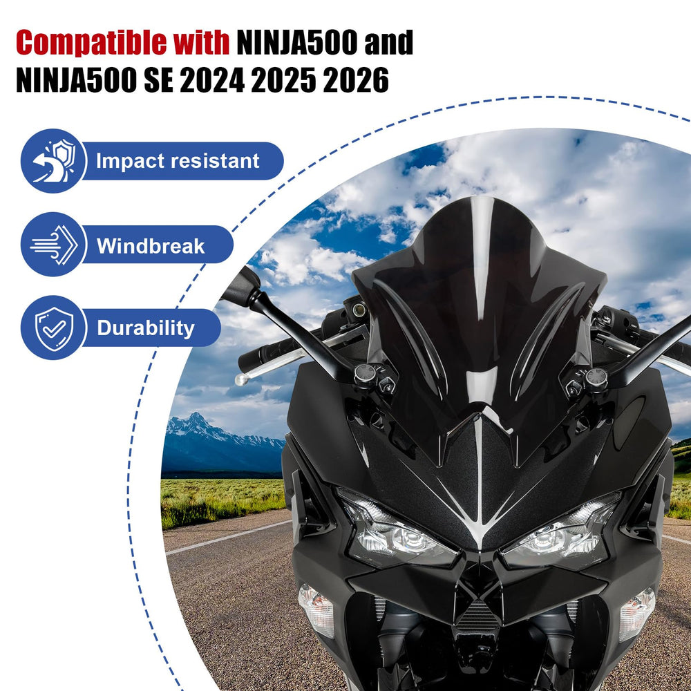 PSLER Ninja500 SE windshield double bubble side profile for stable riding at speed.
