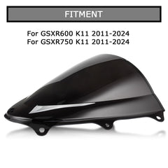 PSLER double-bubble windscreen improves aerodynamics for GSXR600/750 during highway rides.