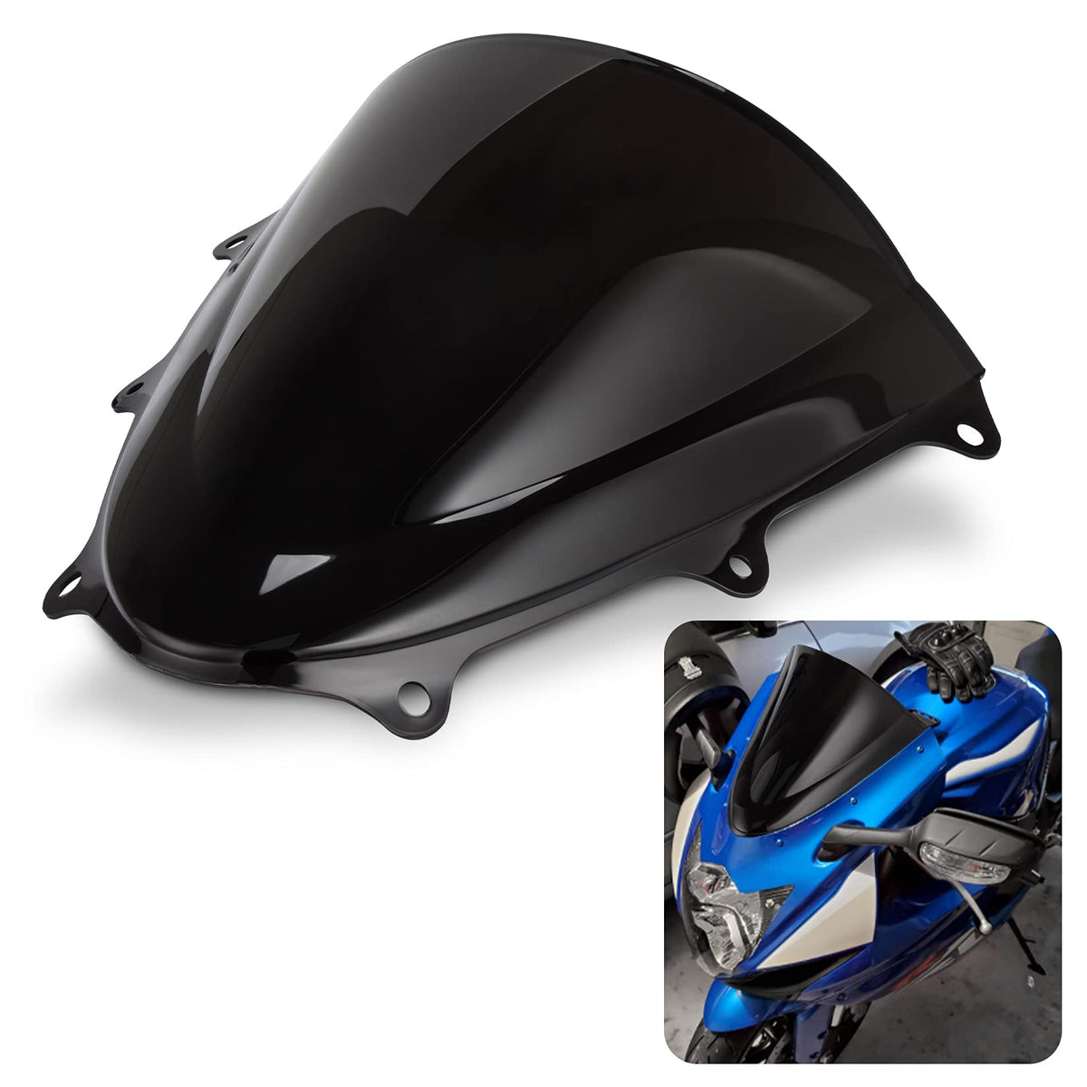 PSLER windshield double bubble on Suzuki GSXR600/750 provides wind protection and a sleek black finish.