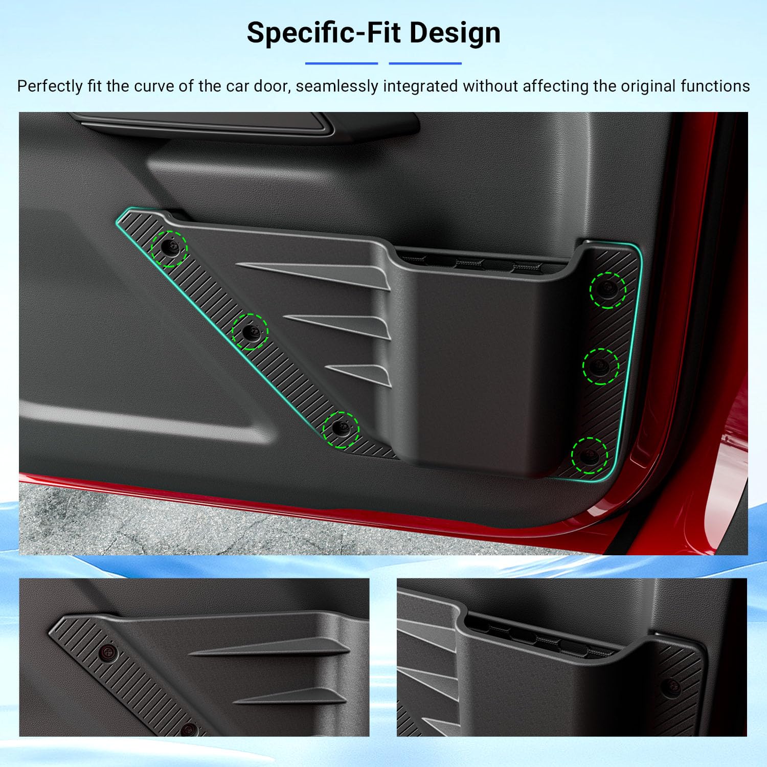 Bronco side door organizer closeup shows integrated seals reducing cabin noise.
