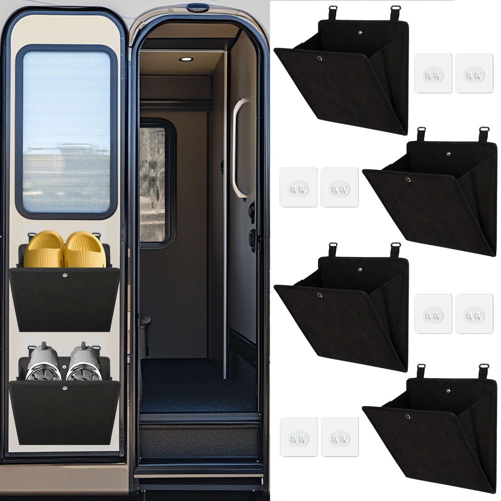 PUGPIU RV camper shoe rack folds flat for easy wall mounting.