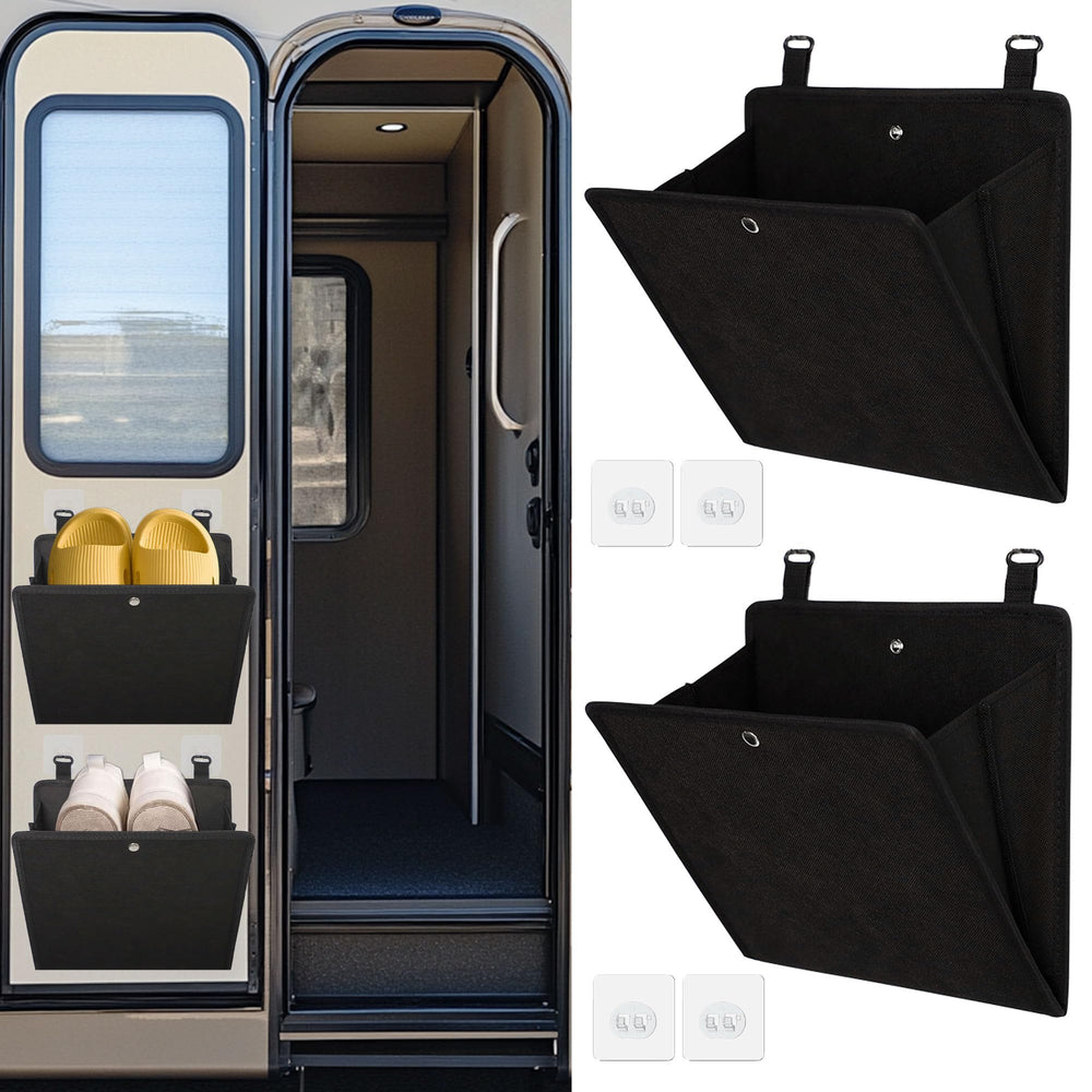 PUGPIU RV Camper two-pack foldable wall-mount shoe rack keeps shoes neatly stored.