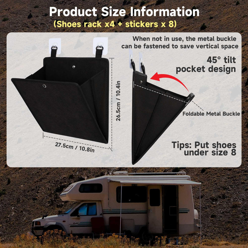 PUGPIU rv shoe rack with self-adhesive hooks installs without tools.