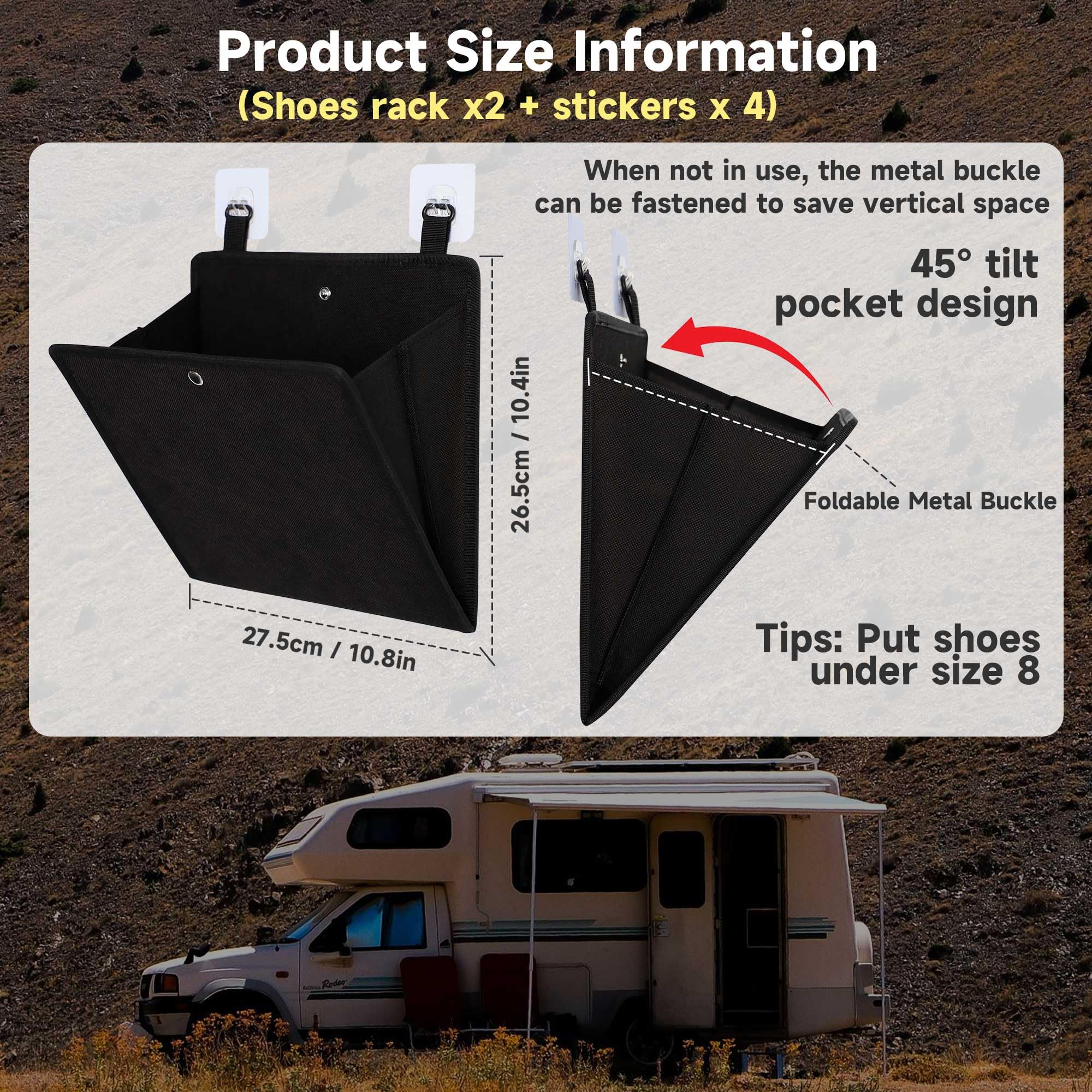 PUGPIU self-adhesive hooks shown for tool-free RV installation.