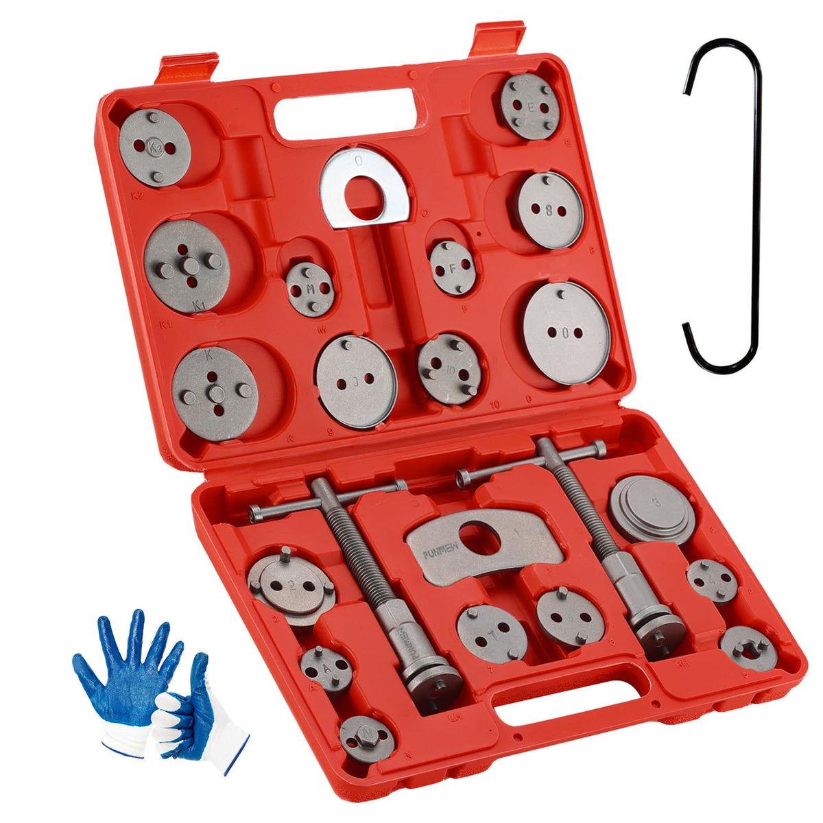Punmew brake caliper compressor kit shown with 18 adapters for universal vehicle fit.