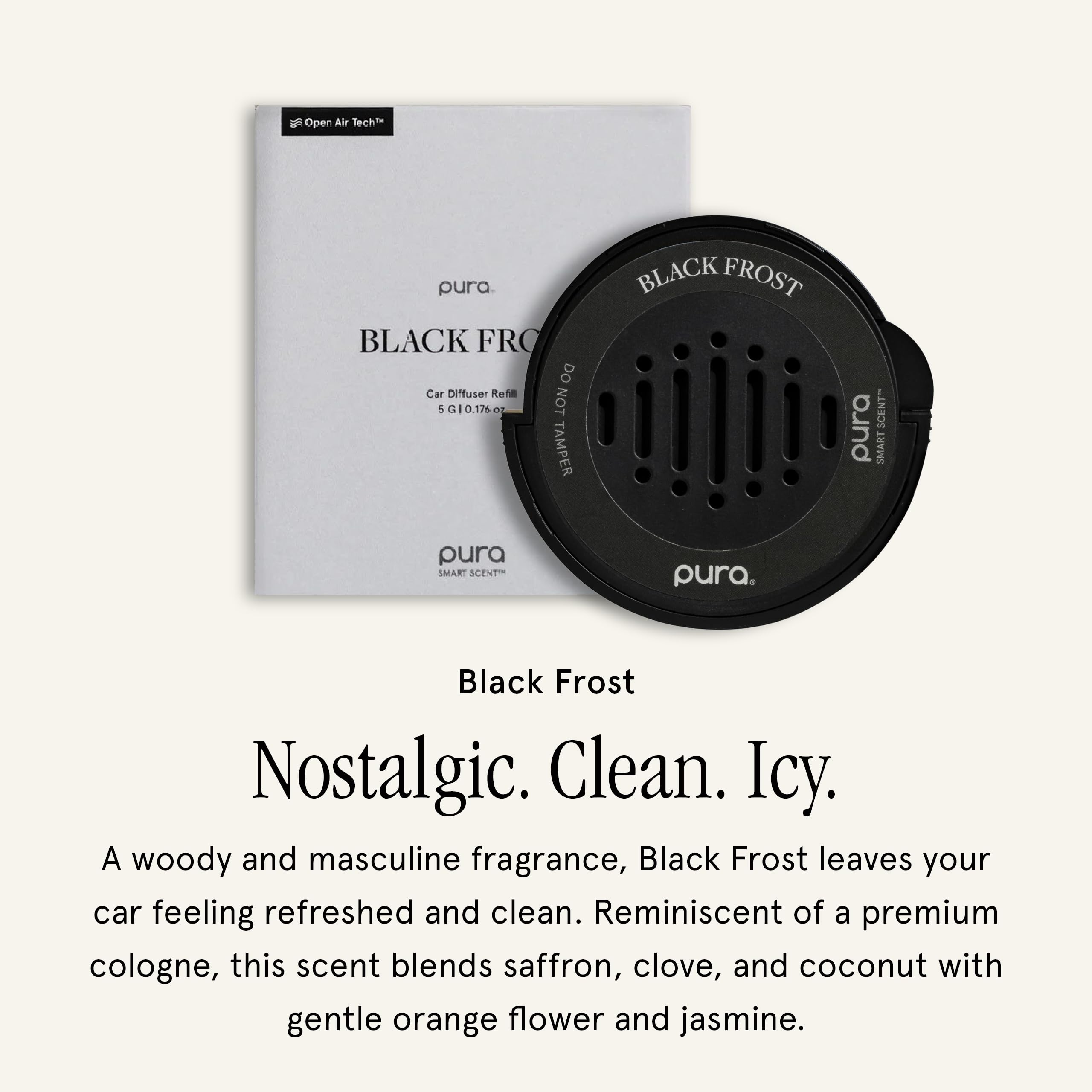 Pura Car Diffuser Refill Black Frost packaging highlighting safe, convenient use