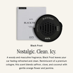 Pura Car Diffuser Refill Black Frost packaging highlighting safe, convenient use