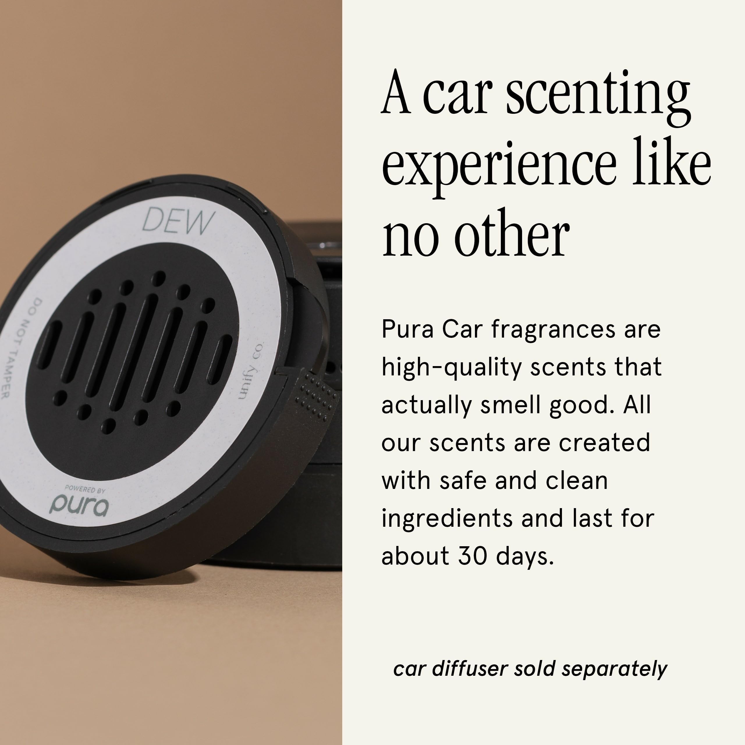 Pura car diffuser refill featuring sandalwood, amber, and musk for a warm interior.