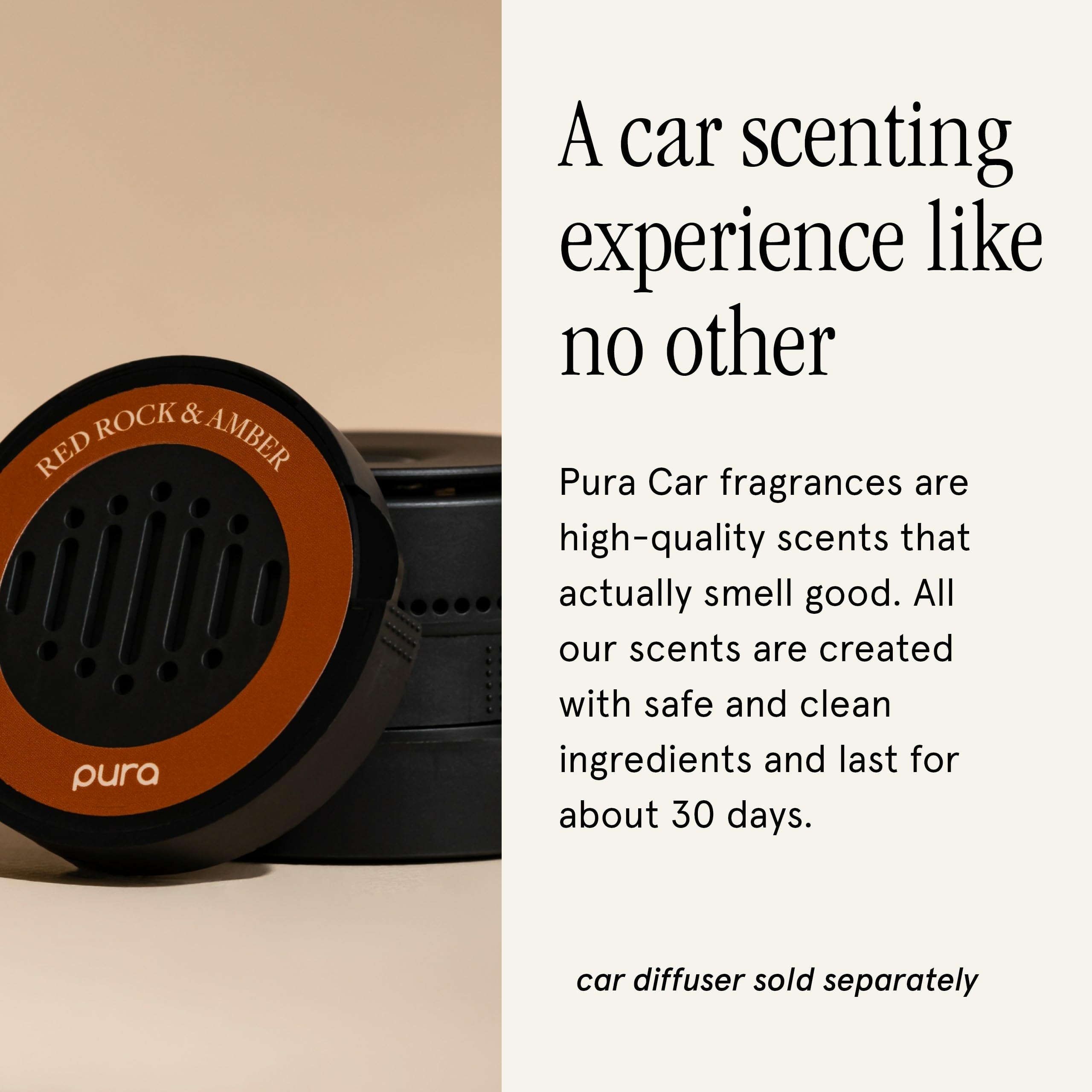 Close-up of Pura car scent refill featuring desert woods notes.