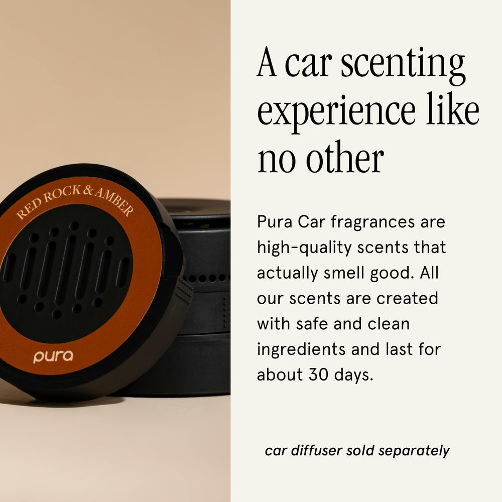 Close-up of Pura car scent refill featuring desert woods notes.