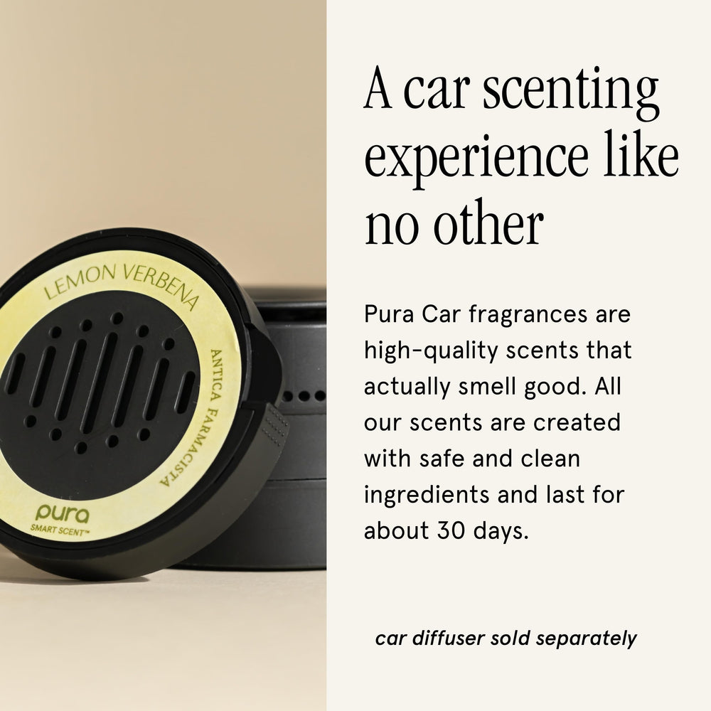 Pura car scent refill lemon verbena app-control screen demonstrating scent settings.