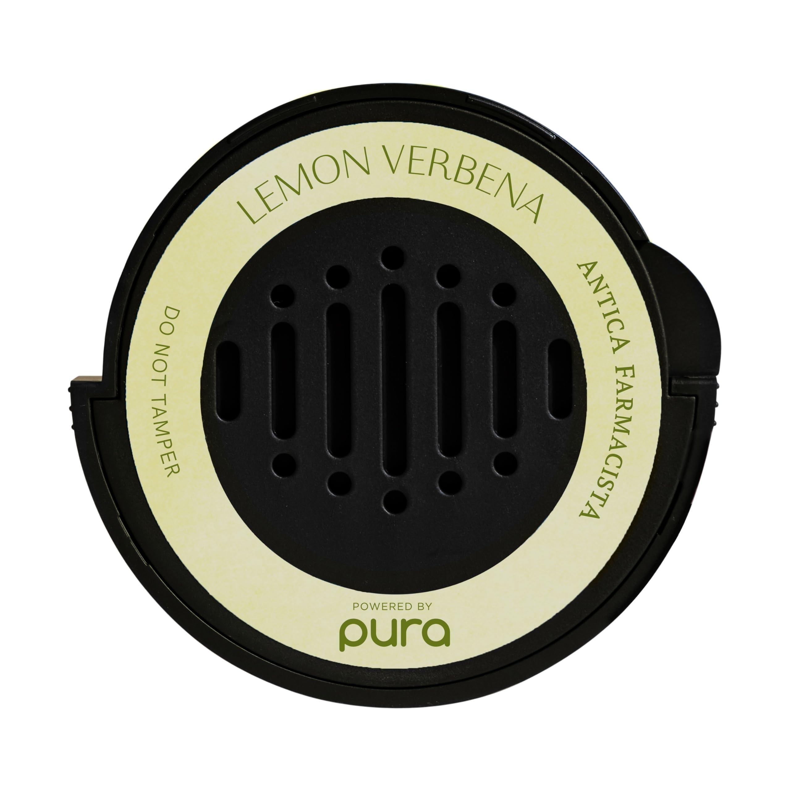 Pura car scent refill lemon verbena bottle close-up showing long-lasting fragrance.