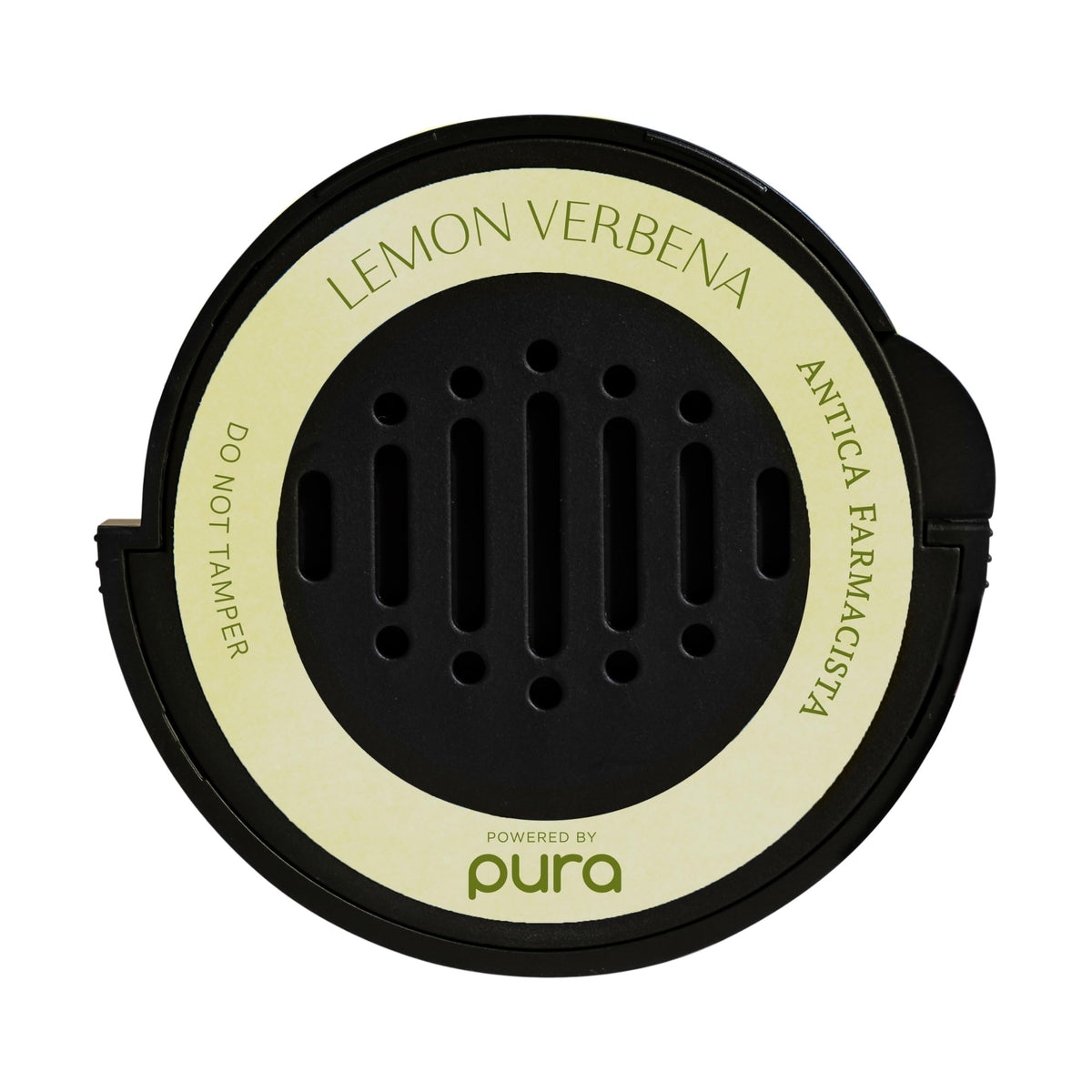 Pura car scent refill lemon verbena bottle close-up showing long-lasting fragrance.