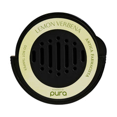 Pura car scent refill lemon verbena bottle close-up showing long-lasting fragrance.
