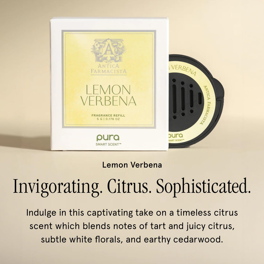 Pura car scent refill lemon verbena packaging box highlighting safe, eco-friendly design.