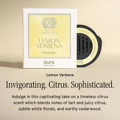 Pura car scent refill lemon verbena packaging box highlighting safe, eco-friendly design.
