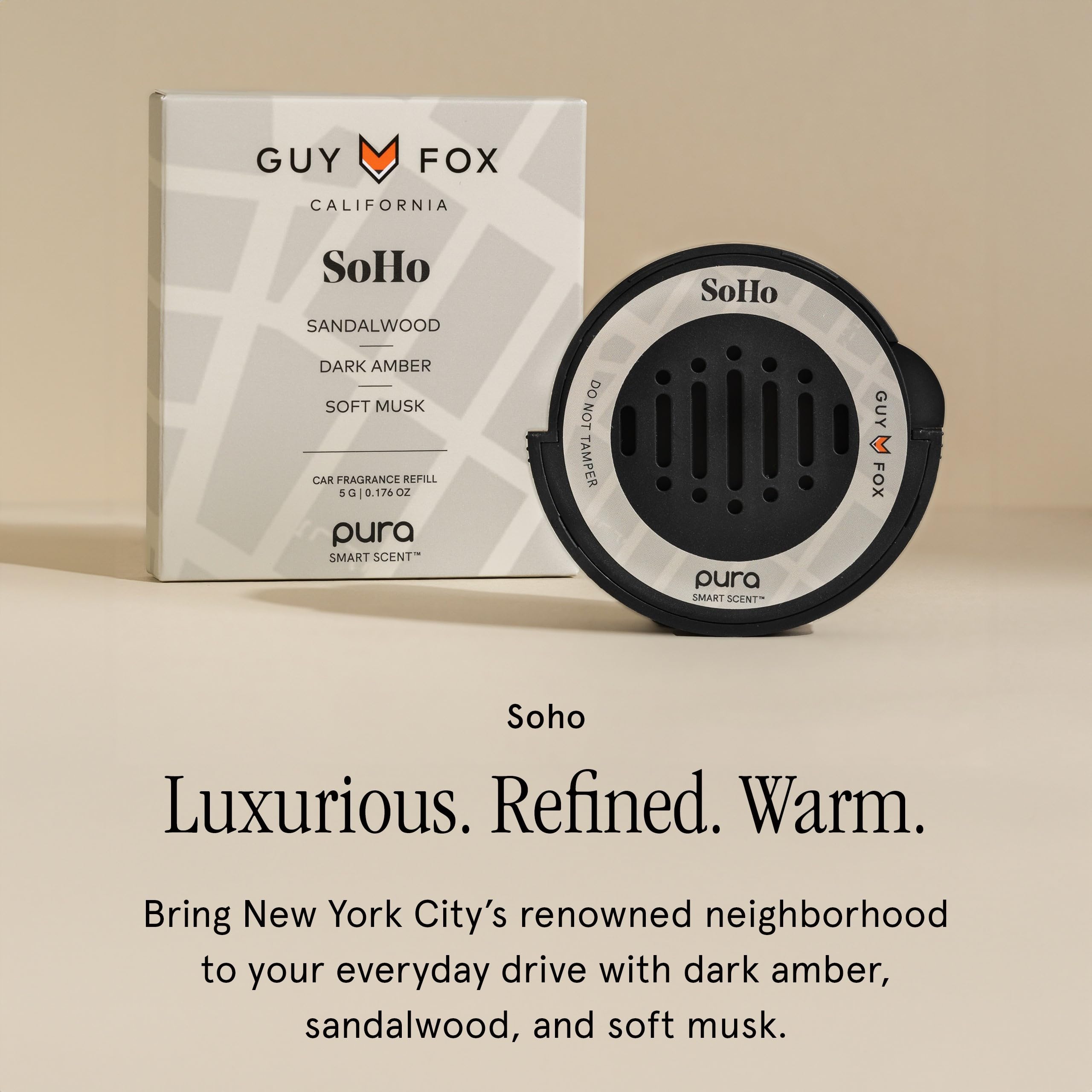 Pura GUY FOX car scent refill Soho packaging highlighting premium quality