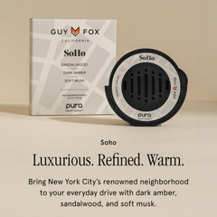 Pura GUY FOX car scent refill Soho packaging highlighting premium quality