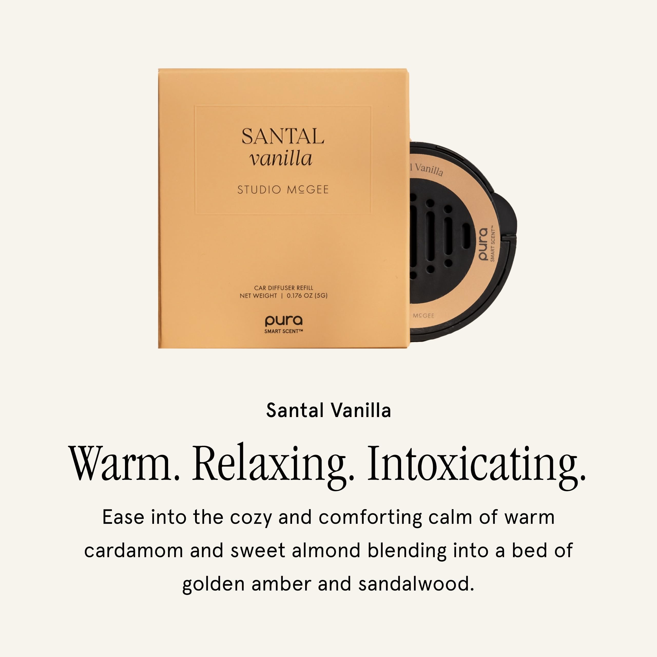 Close-up of Santal Vanilla refill bottle highlighting almond and vanilla notes.