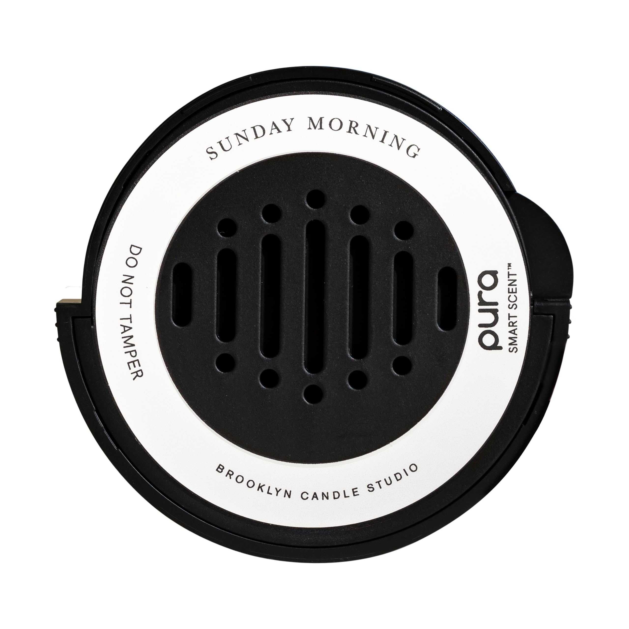 Pura Sunday Morning car refill label showing long-lasting pear and bergamot aroma