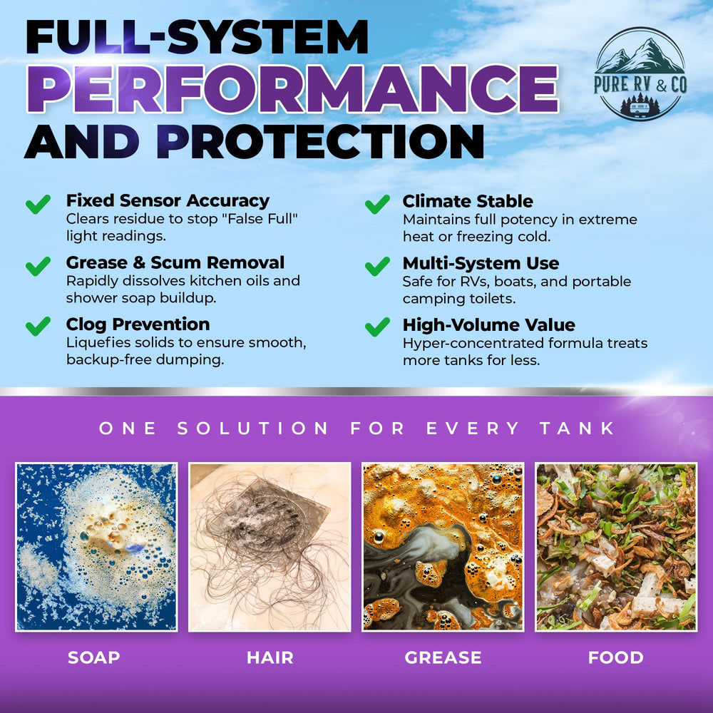 Pure RV enzymatic formula dissolves grease and soap scum in drains.