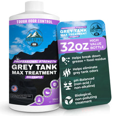 Pure RV Grey Water Tank Treatment bottle pour reduces odors in RV tanks.