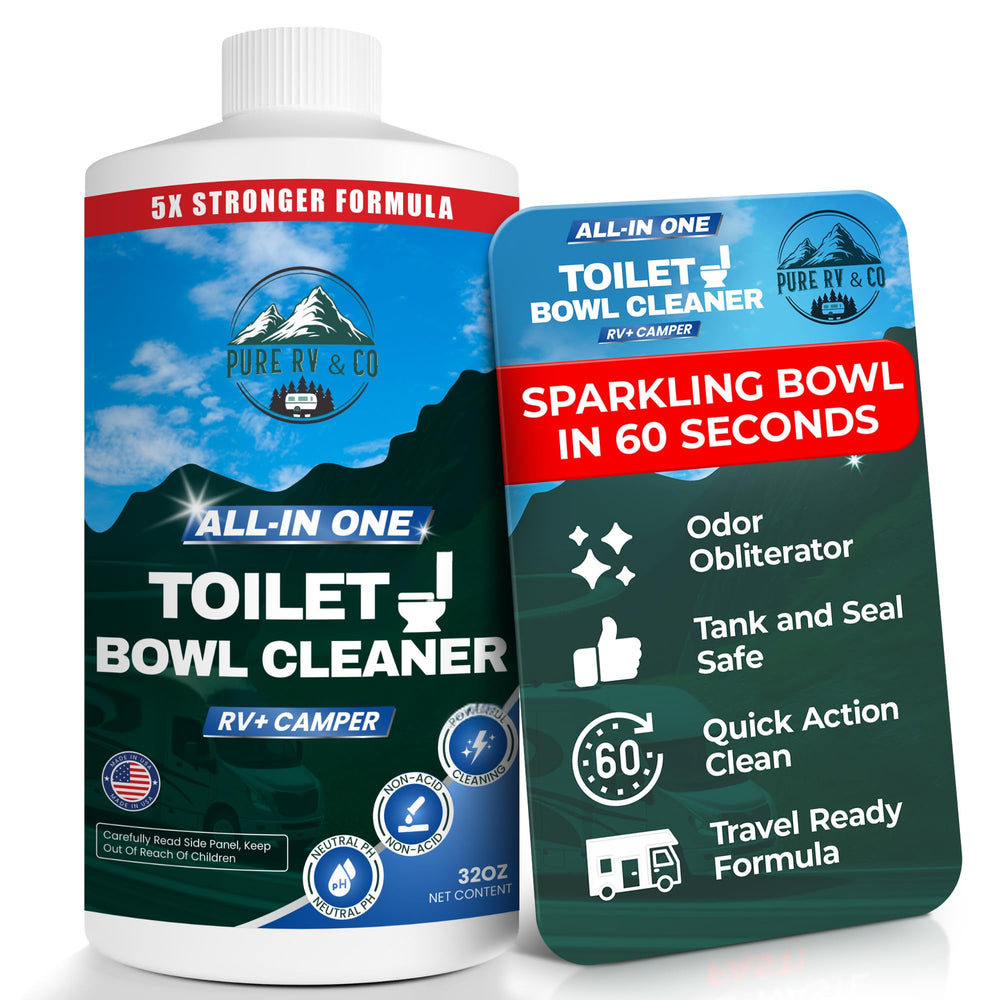 Pure RV toilet bowl cleaner bottle, ready for RV toilet cleaning