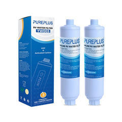 PUREPLUS RV water filter system assembly shows easy inline installation for outdoor water