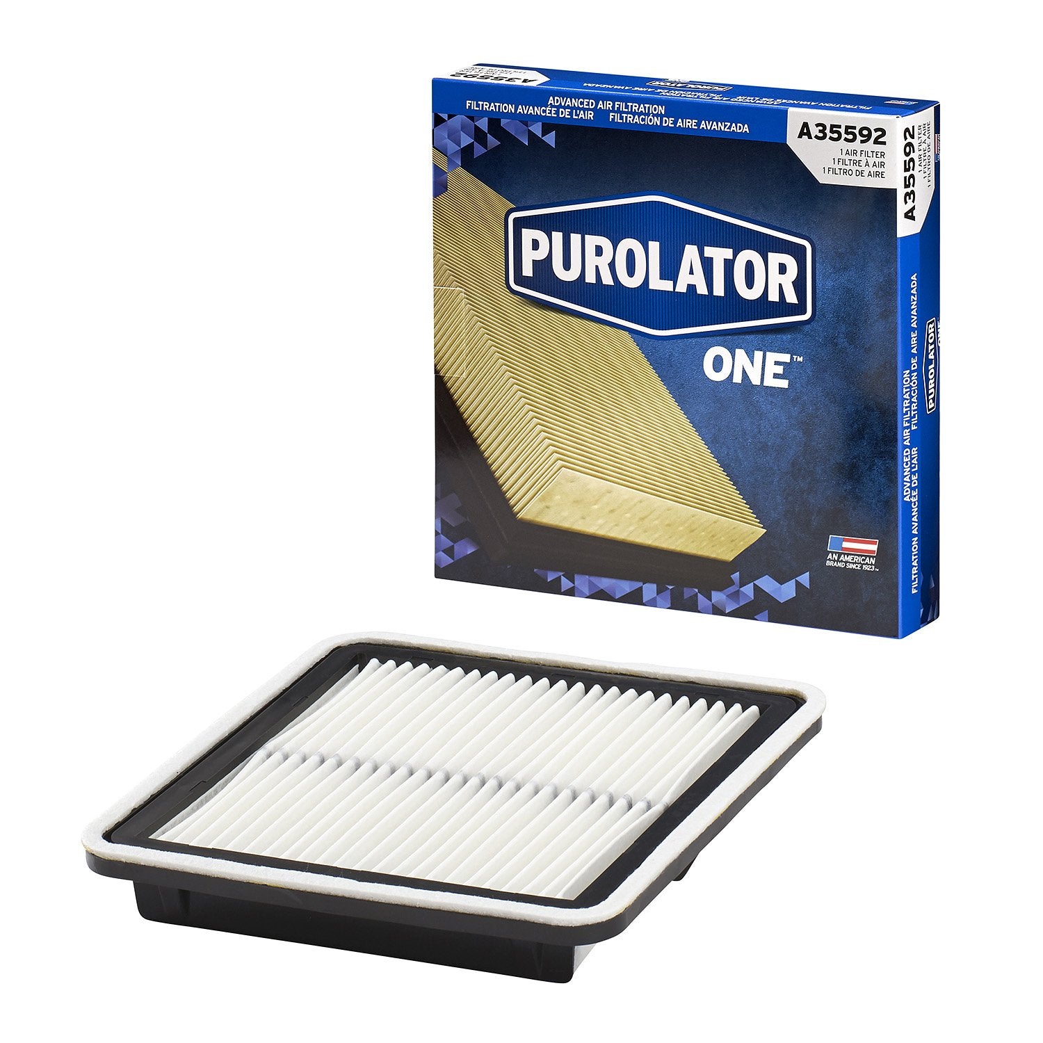 PurolatorONE advanced air-filter closeup with multi-fiber media trapping dust for cleaner intake.