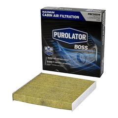 PurolatorBOSS cabin filter packaging highlights activated carbon for odor control.