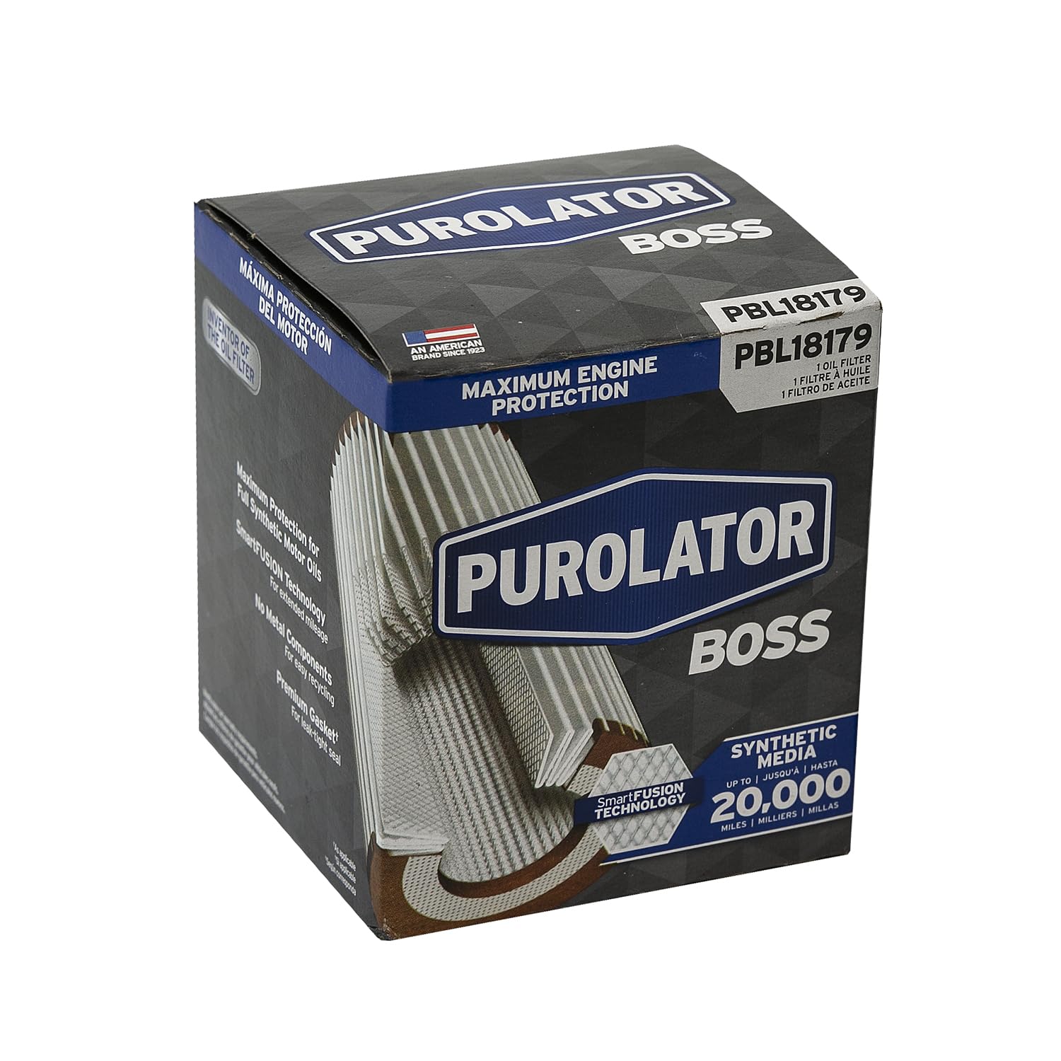 PurolatorBOSS packaging and labeling focusing on compatibility and premium build.