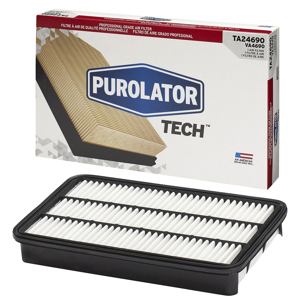 PurolatorTECH TA24690 air filter packaging label shows OE-fit and reliability.