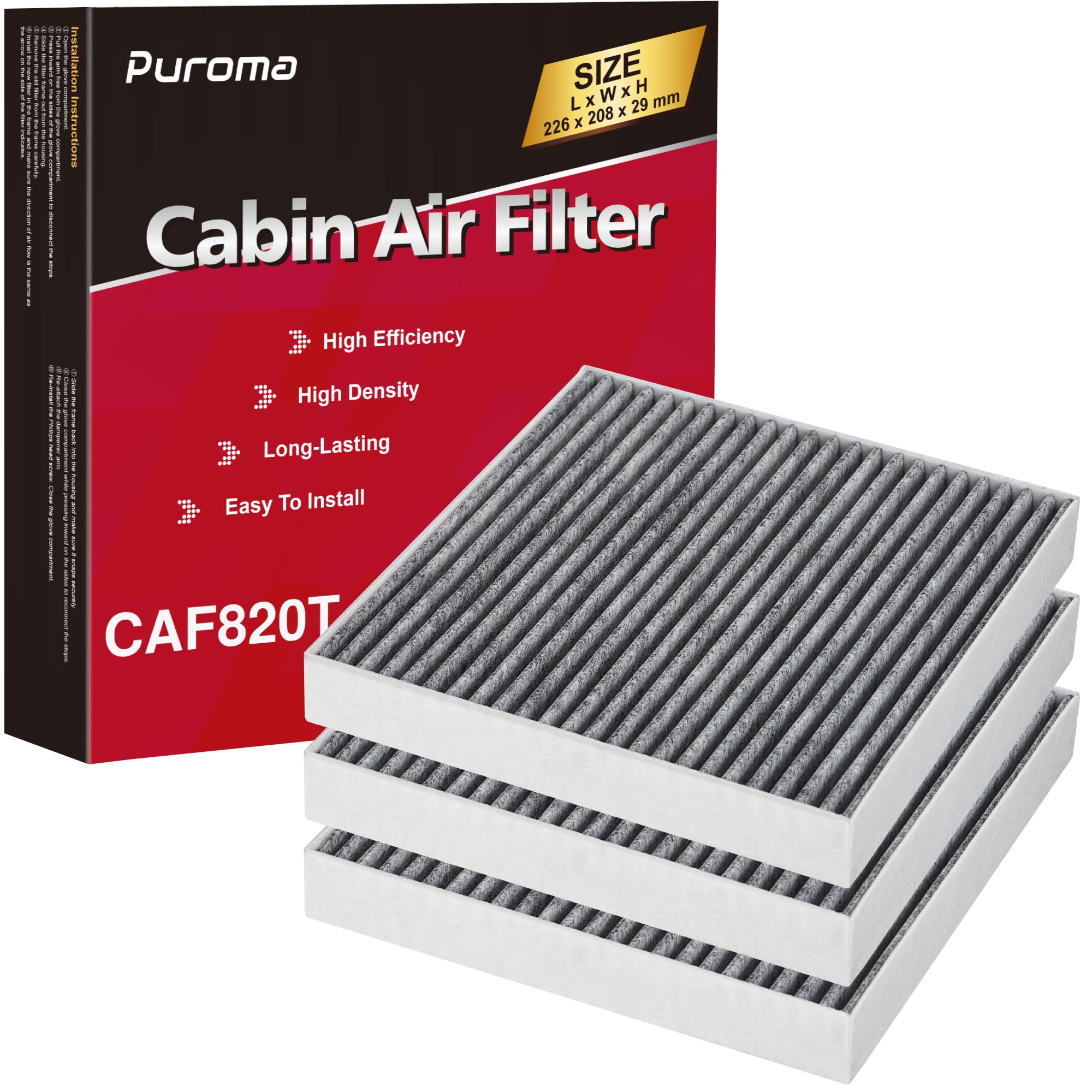 Puroma Cabin Air Filter with Activated Carbon product shot showing odor control for a fresher cabin.