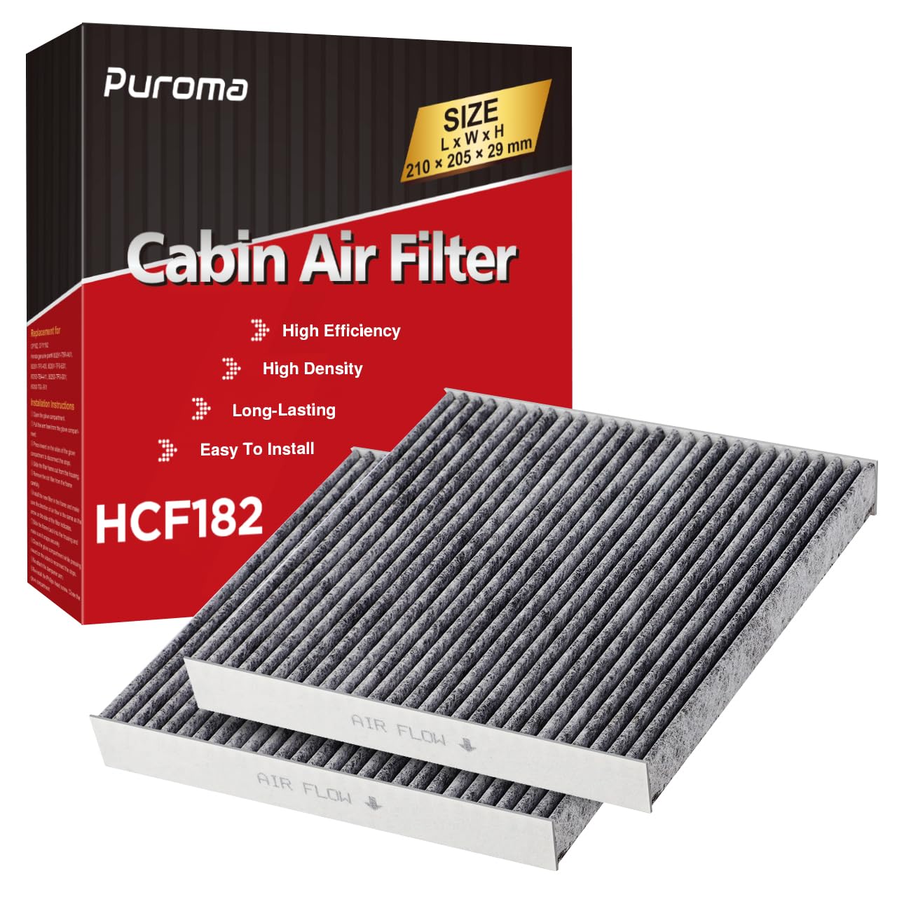 Puroma two-pack cabin air filter with activated charcoal for fresher interior air