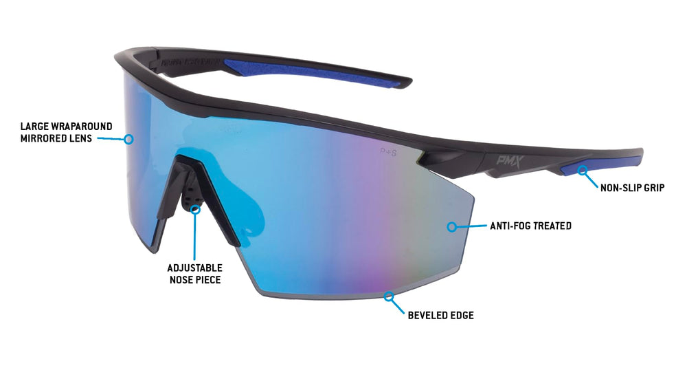 Pyramex SB11265ST mirrored lens reduces glare for clear outdoor visibility.