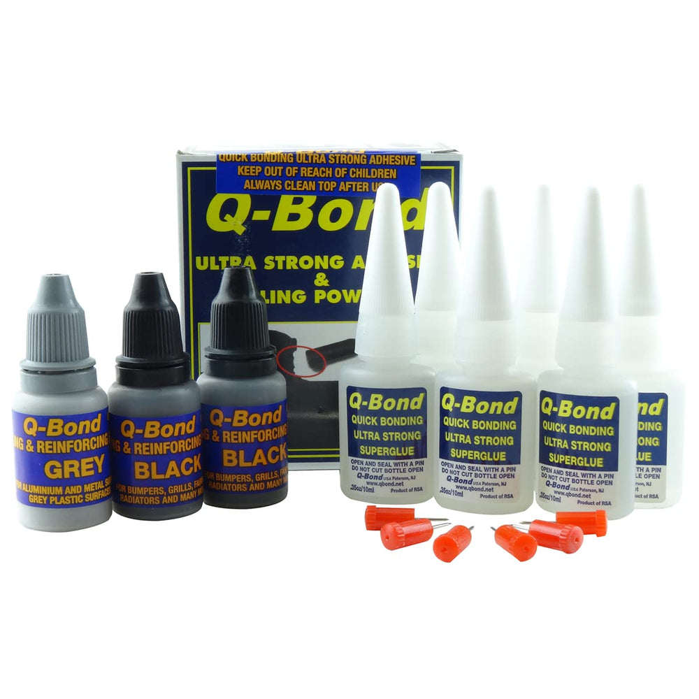 Q-Bond KTI90005 large repair kit contents, adhesives and reinforcing powders for strong fixes.