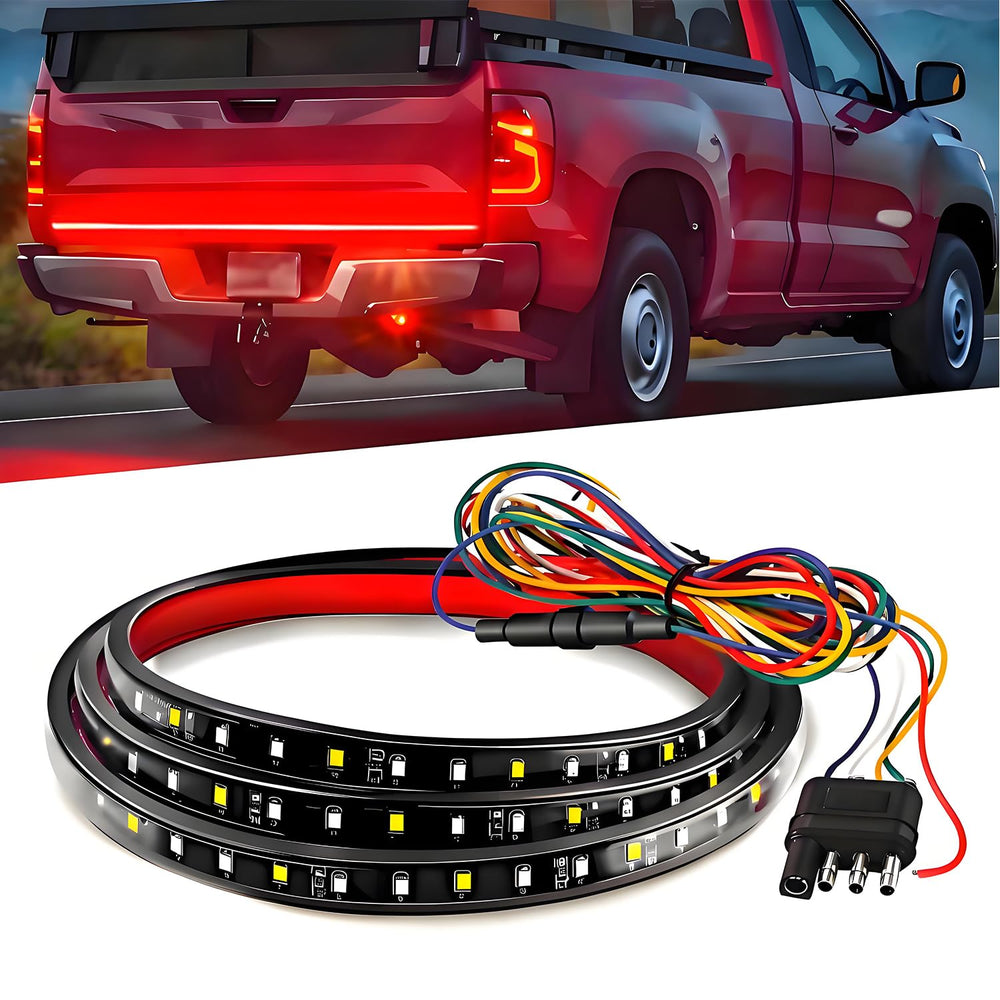 Qasim 48/49 inch tailgate light strip emits red and white glow for broad visibility