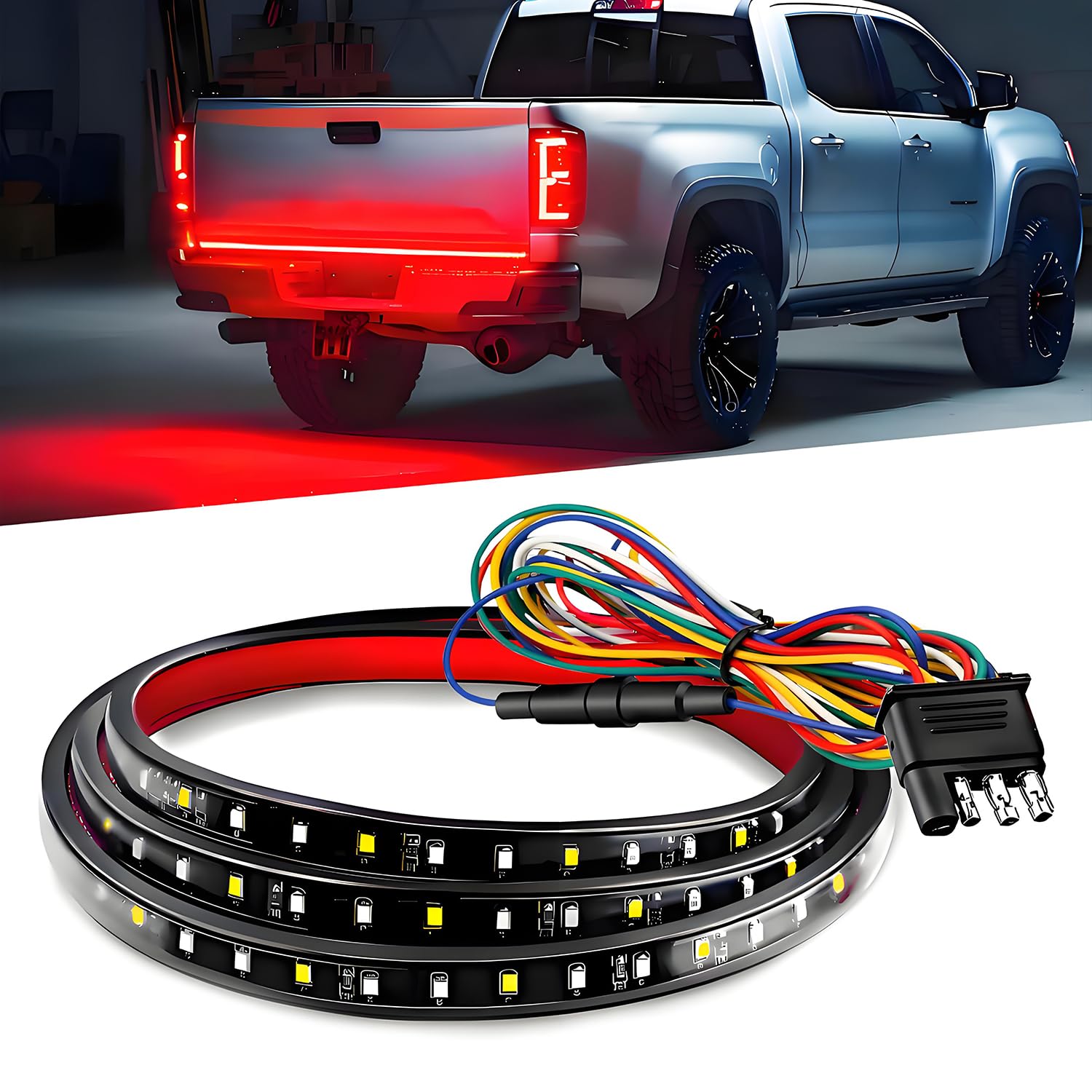 Qasim 60inch truck tailgate light strip front view improves daytime visibility.