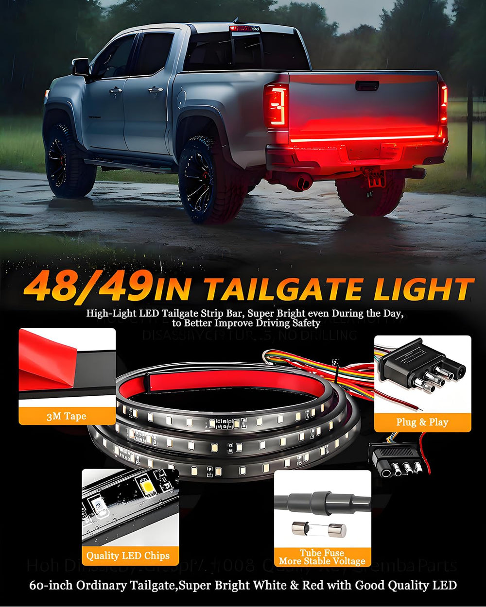 Qasim tailgate light strip displays brake and running signals with bright red illumination