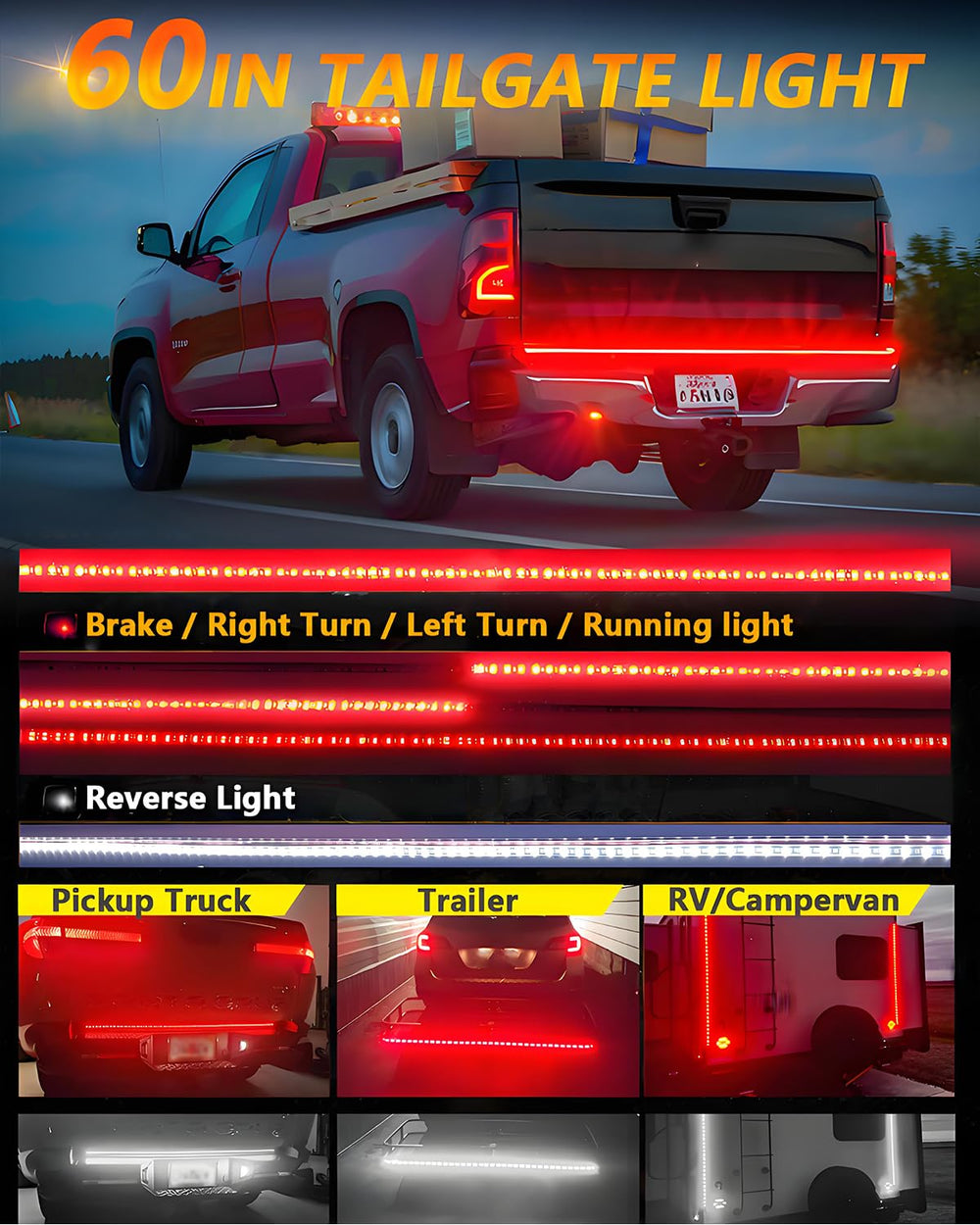 Qasim tailgate light strip left and right turn signals enhance lane changes.