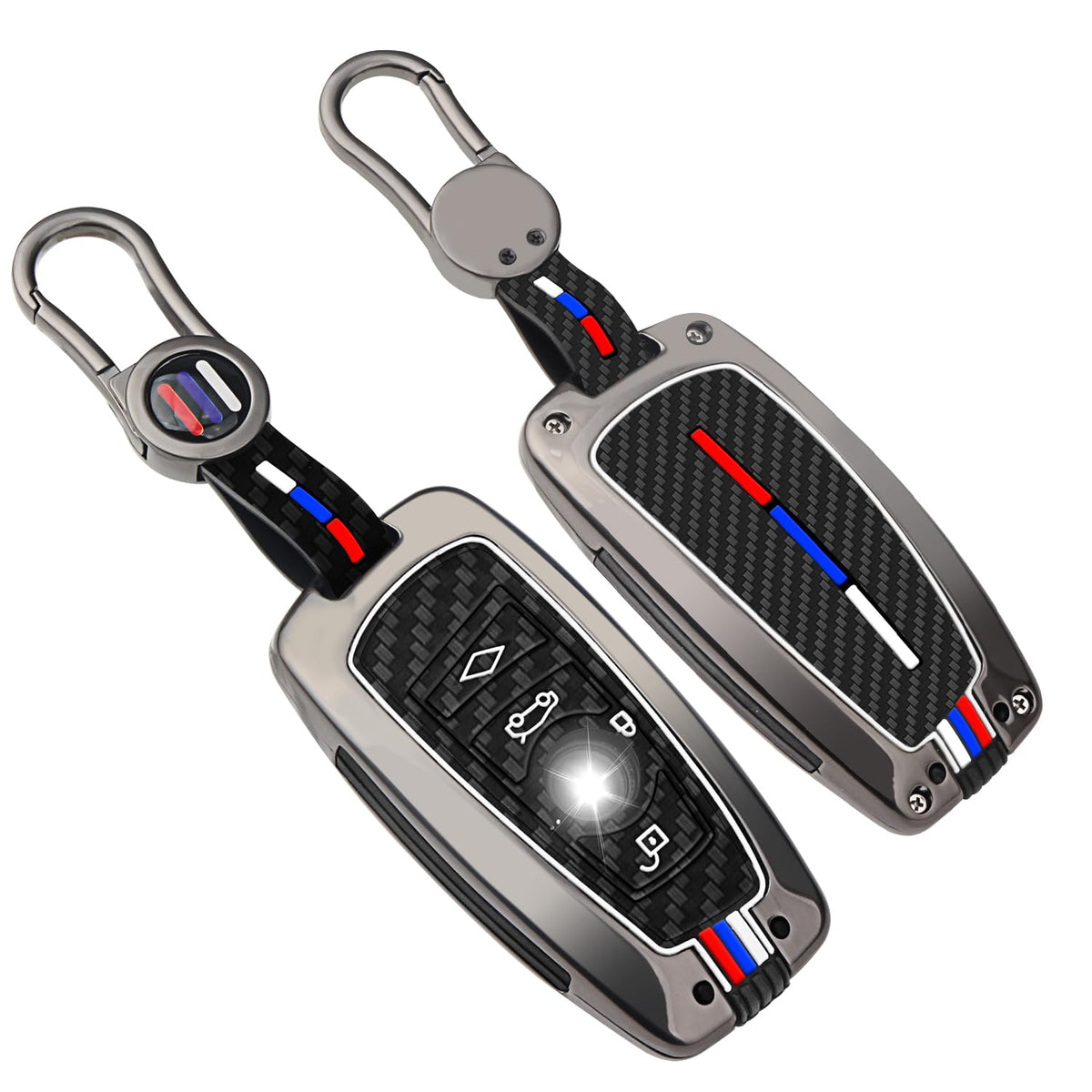 QBUC BMW key fob cover with gunmetal carbon fiber exterior protecting the key
