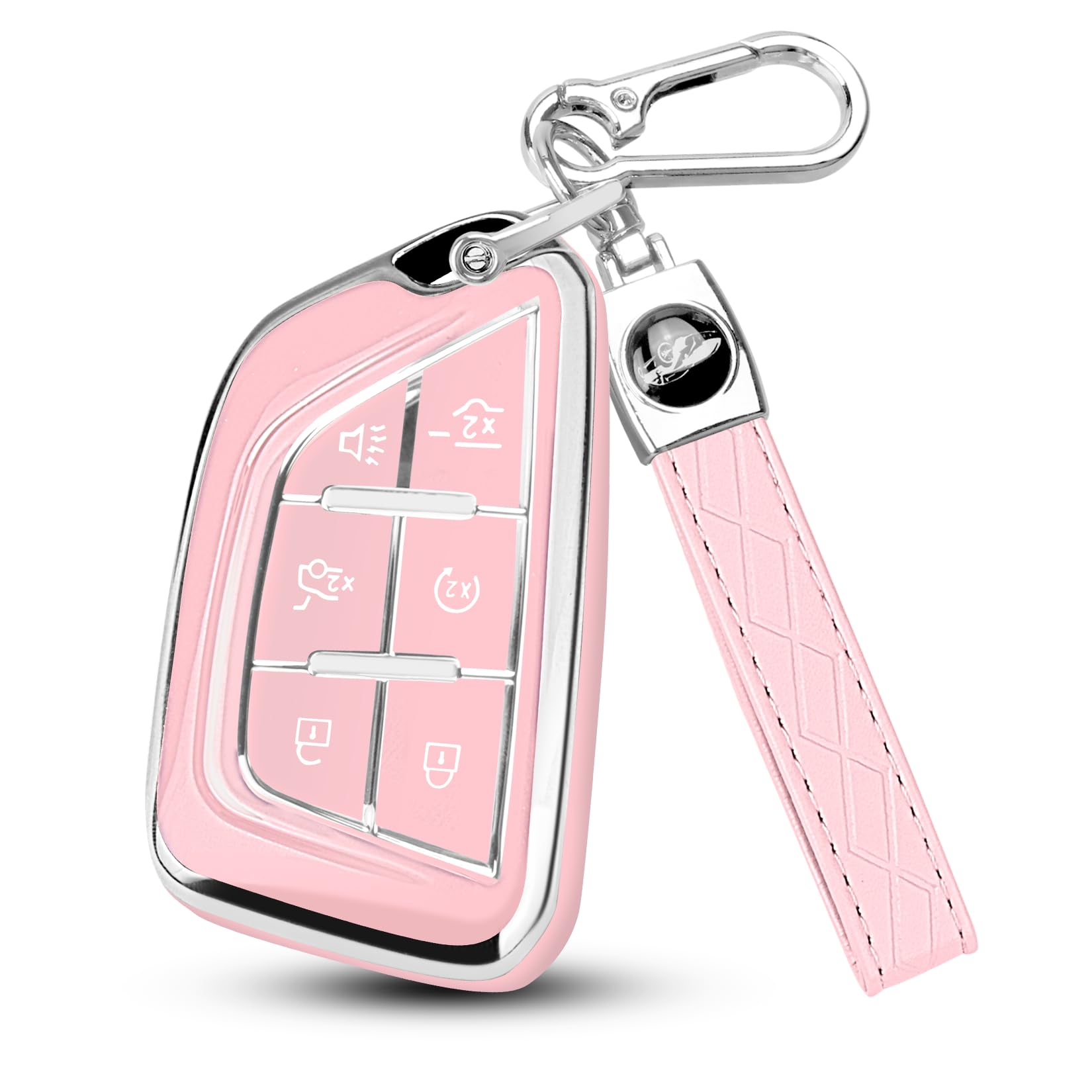 QBUC Cadillac key fob cover with chrome trim edges for premium look and protection.