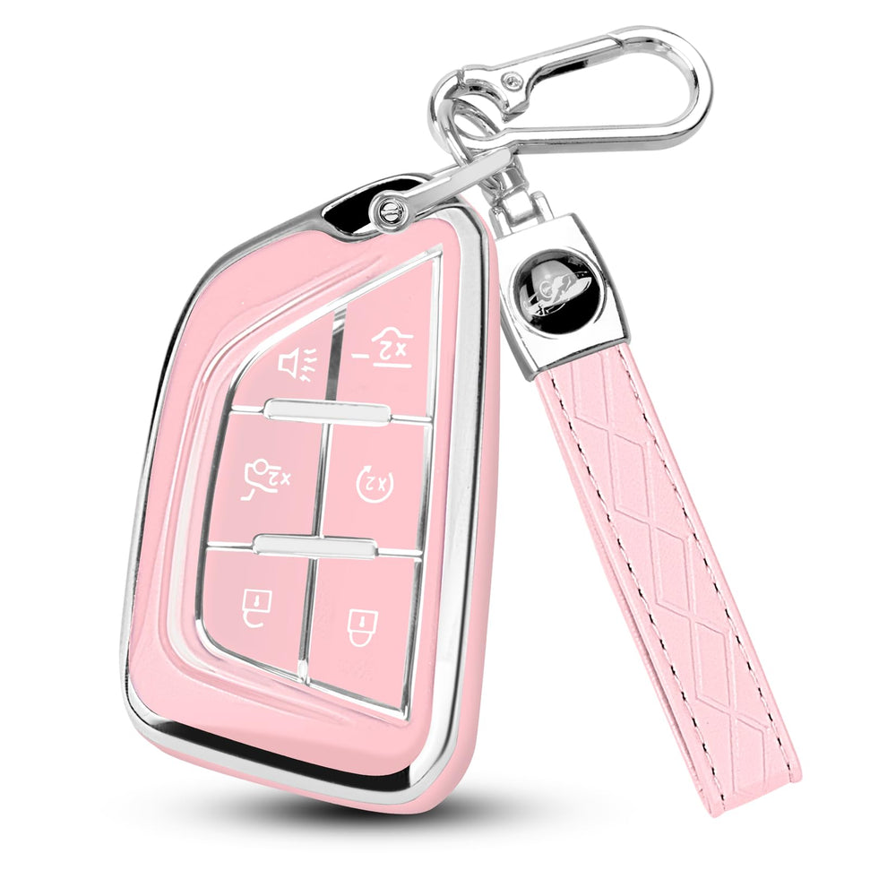QBUC Cadillac key fob cover with chrome trim edges for premium look and protection.